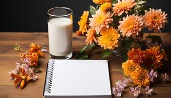 ai généré Frais fleur bouquet sur en bois bureau, la nature magnifique décoration généré par ai photo