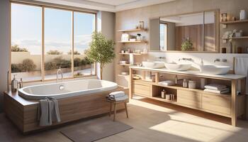 ai généré moderne, élégant salle de bains conception avec nettoyer marbre sol et large fenêtre généré par ai photo