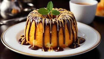 ai généré fait maison dessert sucré tarte, Chocolat tranche, fouetté crème, Frais fruit généré par ai photo