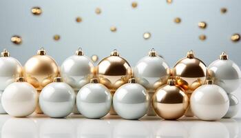 ai généré Noël ornements dans or, brillant sphères décorer le hiver Contexte généré par ai photo