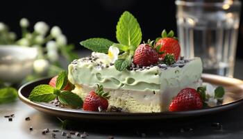 ai généré Frais fraise dessert avec menthe feuille sur en bois table généré par ai photo