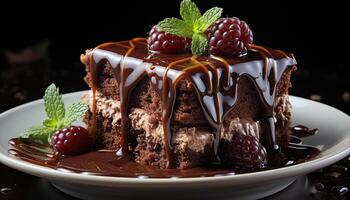 ai généré indulgent Chocolat gâteau tranche avec Frais baies et menthe feuille généré par ai photo