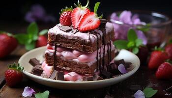 ai généré fait maison gourmet dessert Frais fraise tranche sur Chocolat assiette généré par ai photo