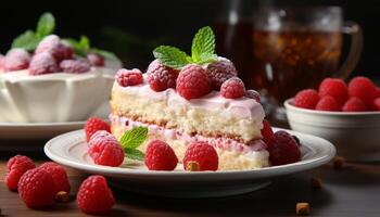 ai généré Frais baie dessert sur en bois table avec menthe feuille garnir généré par ai photo