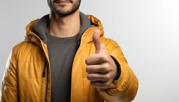 ai généré souriant homme dans Jaune veste spectacles les pouces en haut, rayonnant confiance généré par ai photo