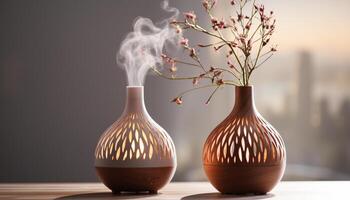 ai généré en bois vase avec fleur, la nature conception sur tableau, élégant décoration généré par ai photo
