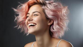 ai généré magnifique femme avec longue blond cheveux souriant dans studio coup généré par ai photo