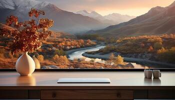 ai généré Montagne paysage avec coucher de soleil, bois bureau, arbre en plein air, l'automne forêt généré par ai photo