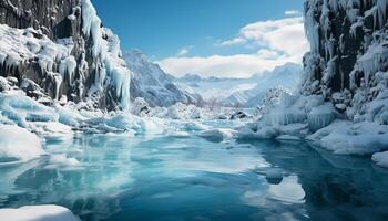 ai généré majestueux Montagne de pointe reflète dans tranquille glacé bleu l'eau généré par ai photo