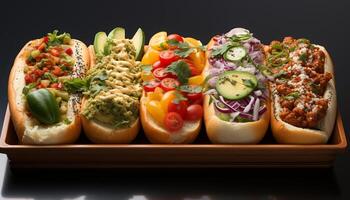 ai généré grillé du boeuf sandwich avec guacamole, tomate, et Frais des légumes généré par ai photo