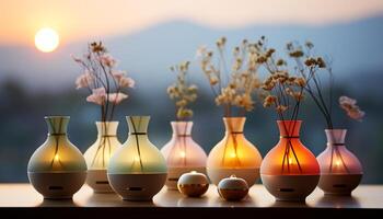 ai généré table décoration vase de fleurs apporte la nature à l'intérieur généré par ai photo