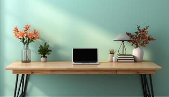 ai généré moderne Bureau conception avec ordinateur, ordinateur portable, et plante décoration généré par ai photo