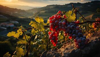 ai généré le coucher du soleil plus de une vignoble, mûr les raisins apporter l'automne fraîcheur généré par ai photo