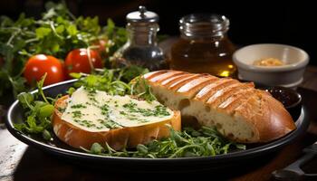 ai généré fraîcheur sur assiette grillé Viande, gourmet pain, tomate, en bonne santé salade généré par ai photo