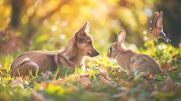 ai généré enchanteur Prairie chien cerf lapin chat et oiseau unir dans improbable animal amitiés photo