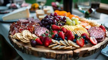 ai généré délicieux charcuterie délice assorti fromage viandes des fruits et des noisettes arrangé avec doux Naturel lumière dans rustique réglage photo