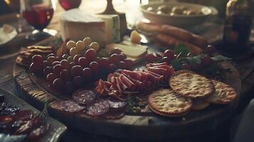 ai généré astucieusement arrangé charcuterie planche vitrines assorti les fromages viandes des fruits et des noisettes dans doux Naturel lumière photo