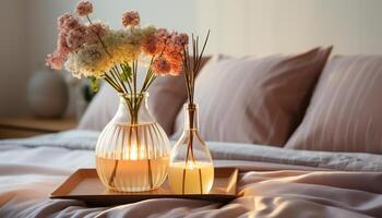 ai généré confortable lit avec moderne décor, Frais fleurs, et élégant lampe généré par ai photo