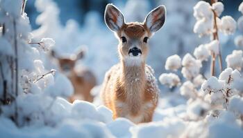 ai généré mignonne cerf permanent dans neige, à la recherche à caméra, duveteux fourrure généré par ai photo