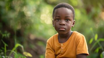 ai généré explorant Eden portrait de un africain garçon dans la nature photo