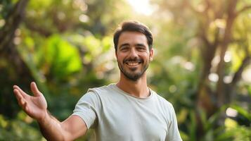 ai généré guidage geste souriant homme des offres direction avec amical main geste photo