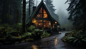 ai généré effrayant nuit, foncé mystère, abandonné cabane, tranquille hiver paysage généré par ai photo