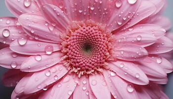 ai généré vibrant rose gerbera Marguerite, humide avec rosée, vitrines la nature beauté généré par ai photo