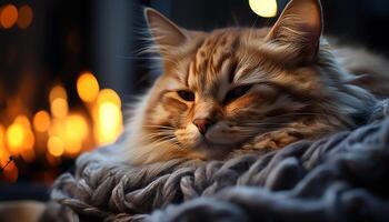 ai généré mignonne chaton dormant, confortable et chaud par le cheminée généré par ai photo