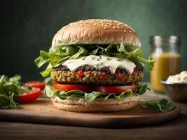 ai généré une Hamburger avec salade et tomate sur une en bois Coupe planche photo