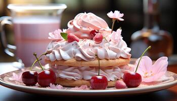 ai généré Frais fraise dessert sur une rose plaque, parfait été indulgence généré par ai photo