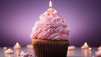 ai généré anniversaire bougie brûlant sur une rose petit gâteau avec Chocolat glaçage généré par ai photo