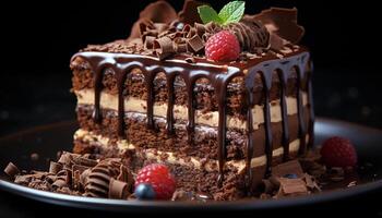 ai généré gourmet dessert foncé Chocolat gâteau avec framboise et Frais fruit généré par ai photo