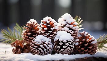 ai généré hiver forêt, neige couvert des arbres, pin cônes, Noël décorations, Frais vert généré par ai photo