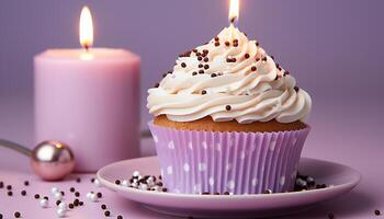 ai généré fait maison petit gâteau avec rose glaçage, bougie, et anniversaire décoration généré par ai photo