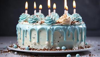 ai généré fait maison anniversaire gâteau avec Chocolat glaçage et bougie décoration généré par ai photo