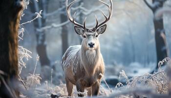 ai généré mignonne cerf dans hiver forêt, à la recherche à le neigeux paysage généré par ai photo