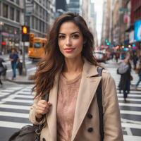 ai généré femme en marchant sur le rue dans ville photo