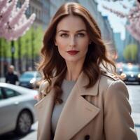 ai généré femme en marchant sur le rue dans ville photo