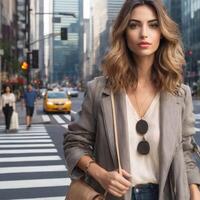 ai généré femme en marchant sur le rue dans ville photo