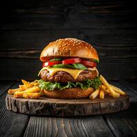 ai généré savoureux Hamburger avec français frites photo