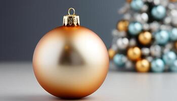 ai généré brillant or ornement brille, décorer Noël arbre dans vibrant fête généré par ai photo