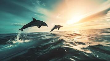 ai généré deux dauphins sauter en dehors de l'eau à le coucher du soleil. génératif ai. photo