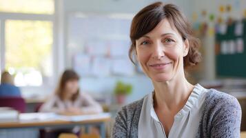 ai généré femme séance à salle de cours bureau. génératif ai. photo