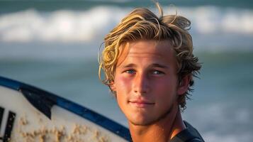 ai généré fermer de la personne en portant planche de surf. génératif ai. photo