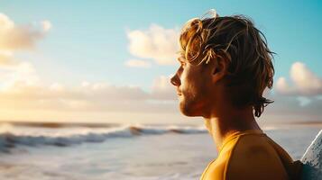 ai généré homme dans Jaune chemise en portant planche de surf. génératif ai. photo