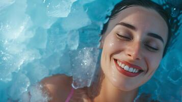 ai généré femme sourit comme elle nage dans la glace bassin. génératif ai. photo