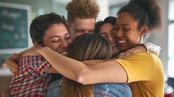 ai généré groupe de gens étreindre et souriant ensemble. génératif ai photo