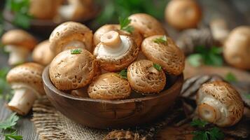 ai généré Frais champignons dans une bol sur une en bois table photo