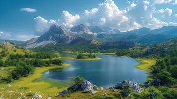 ai généré magnifique Naturel Montagne drone vue paysage photo