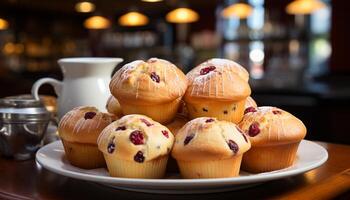 ai généré fraîchement cuit muffin sur en bois tableau, prêt à manger généré par ai photo